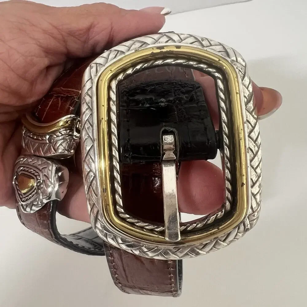 Brighton Reversible Black Brown Leather Croc Belt Size 32 Silver Gold Buckle